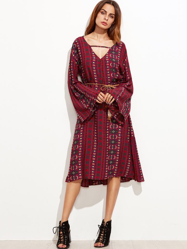Shein Burgundy Tribal Print Bell Sleeve Slit Dress