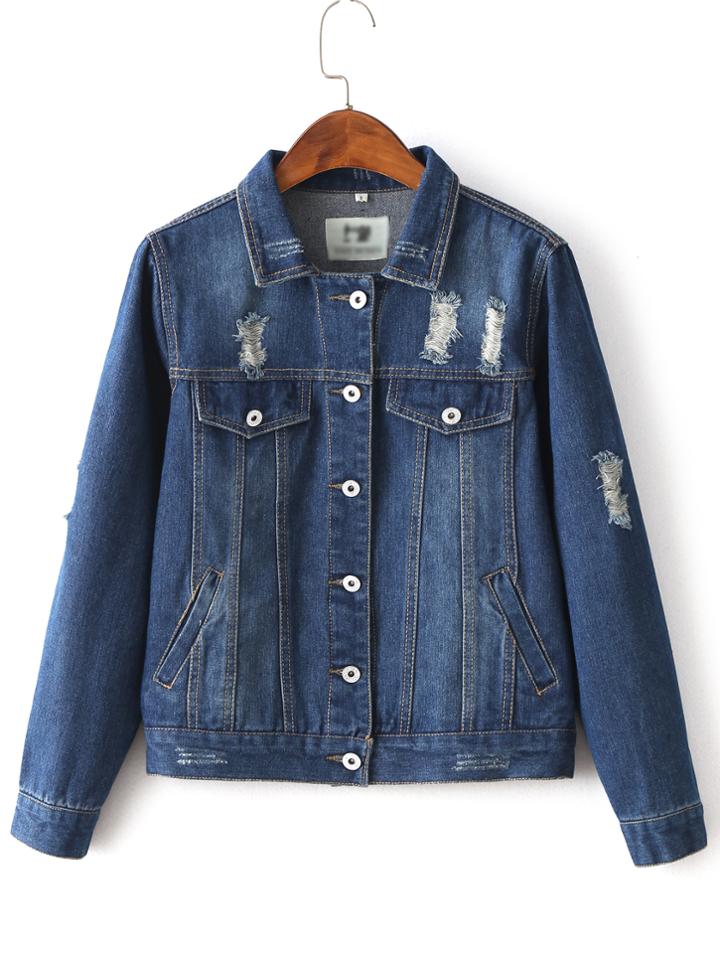 Shein Dark Blue Lapel Button Ripped Jacket