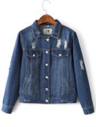 Shein Dark Blue Lapel Button Ripped Jacket