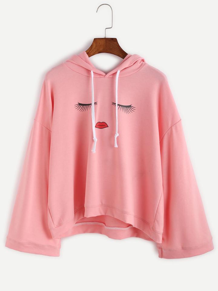 Shein Pink Eyes Print Drop Shoulder Hooded Sweatshirt