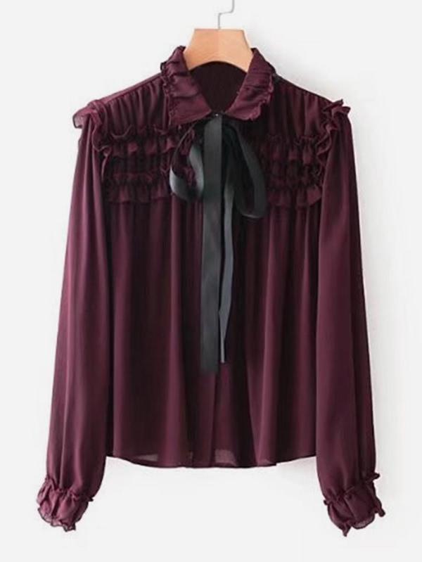 Shein Contrast Tie Neck Frill Blouse