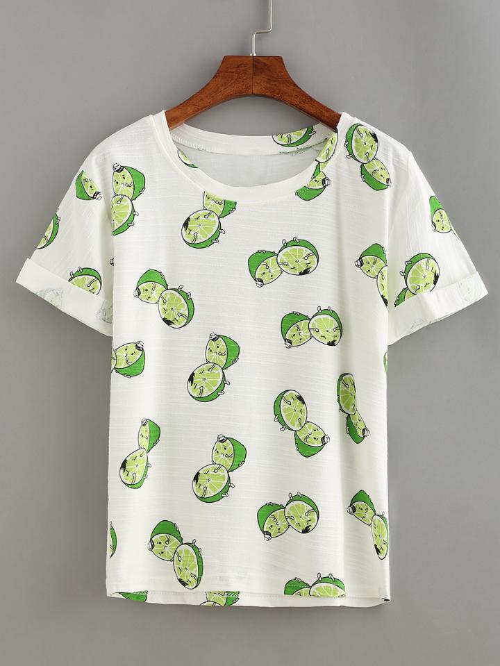 Shein Lemon Print Rolled Hem T-shirt