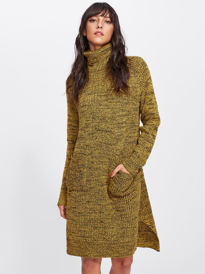 Shein Rolled Neck Slit Side Marled Sweater Dress