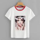 Shein Flower Applique Portrait Print T-shirt