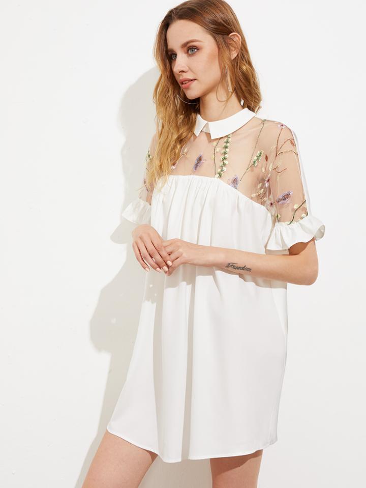 Shein Embroidered Mesh Yoke Tie Back Ruffle Sleeve Smock Dress