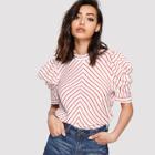 Shein Band Collar Puff Sleeve Striped Top