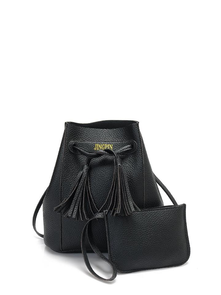 Shein Tassel Drawstring Texture Bucket Bag With Clutch