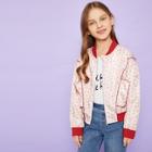 Shein Girls Heart Print Zip Up Bomber Jacket
