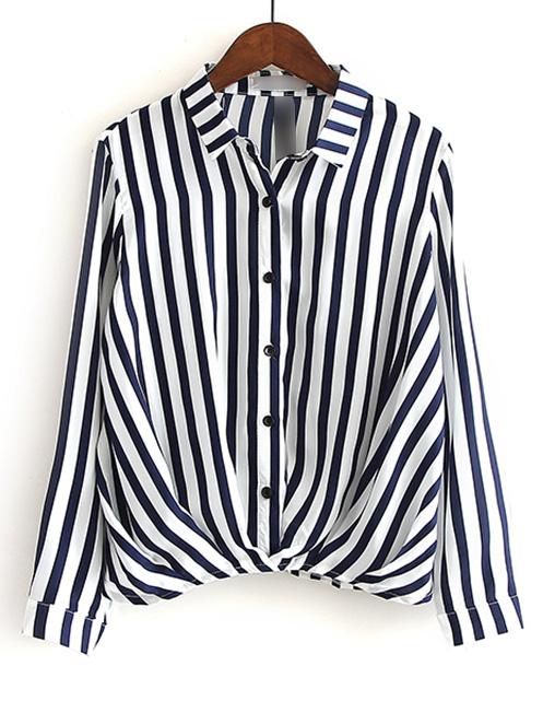 Shein Navy Lapel Vertical Stripe Button Blouse