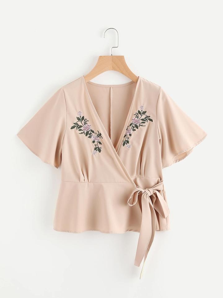Shein Embroidered Wrap Self Tie Top