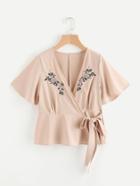 Shein Embroidered Wrap Self Tie Top
