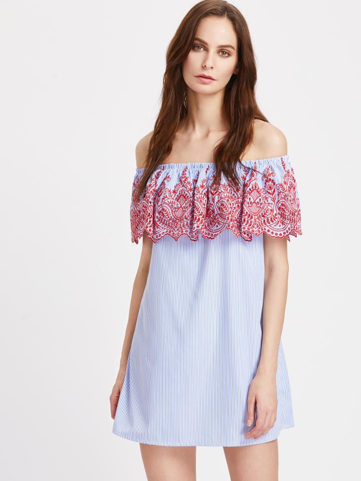 Shein Eyelet Embroidered Frill Bardot Striped Dress