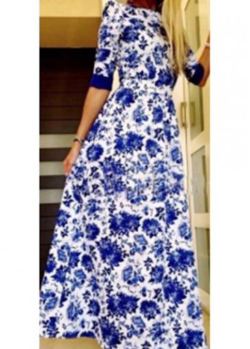Rosewe Half Sleeve Flower Print A Line Dress