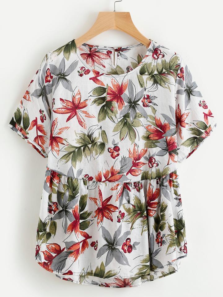 Shein Floral Print Keyhole Back Dip Hem Smock Top