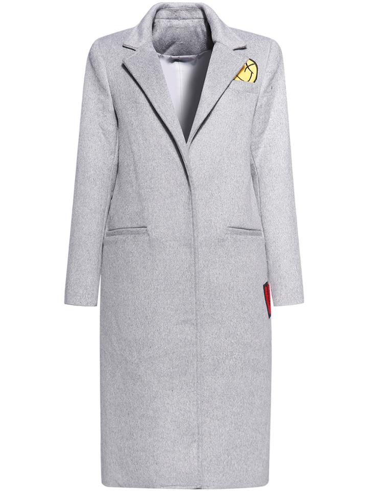Shein Grey Lapel Applique Pouf Pockets Long Coat