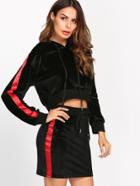 Shein Striped Raglan Crop Velvet Hoodie & Skirt Set