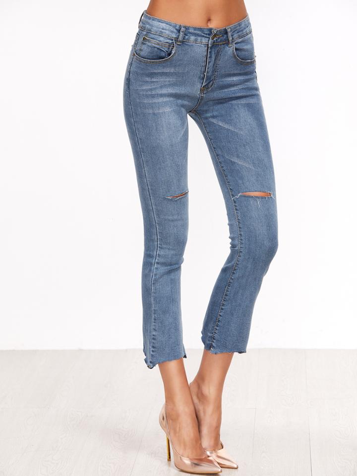 Shein Blue Ripped Detail Crop Jeans