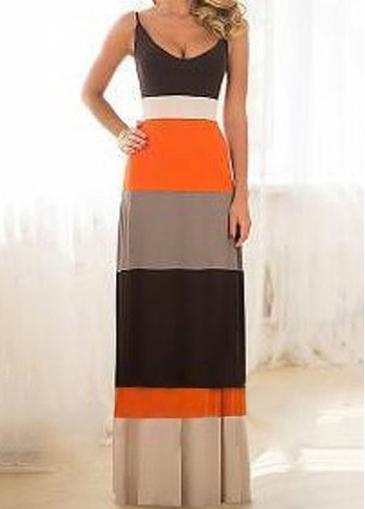 Rosewe Scoop Neck Spaghetti Strap Striped Maxi Dress