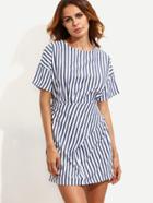 Shein Navy Mixed Stripe Drop Shoulder Ruched Dress