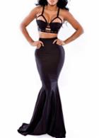 Rosewe Enchanting Solid Black Mermaid Pattern High Waist Skirt