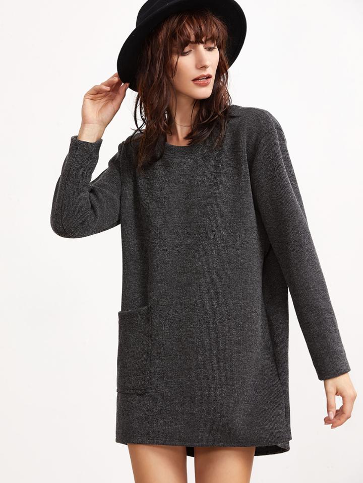 Shein Dark Grey Ribbed Tee Dress With Pocket