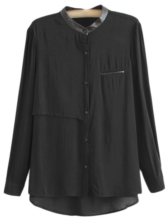 Shein Black Long Sleeve Dip Hem Pocket Blouse