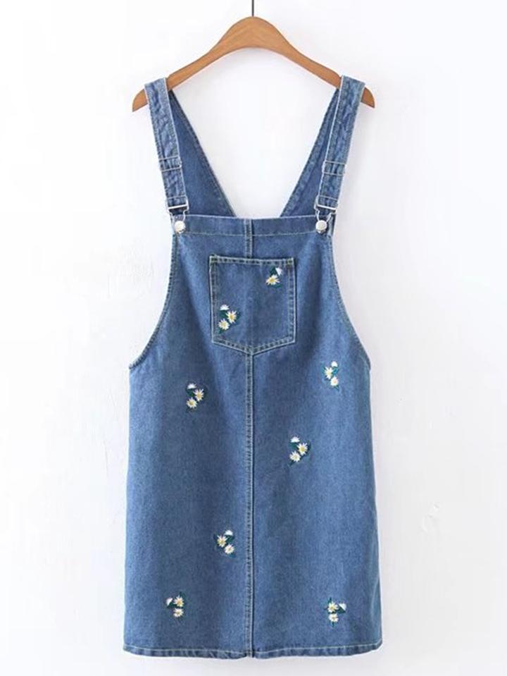 Shein Flower Embroidery Denim Overall Dress