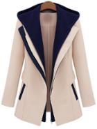 Shein Apricot Contrast Hooded Zipper Detachable Lapel Coat