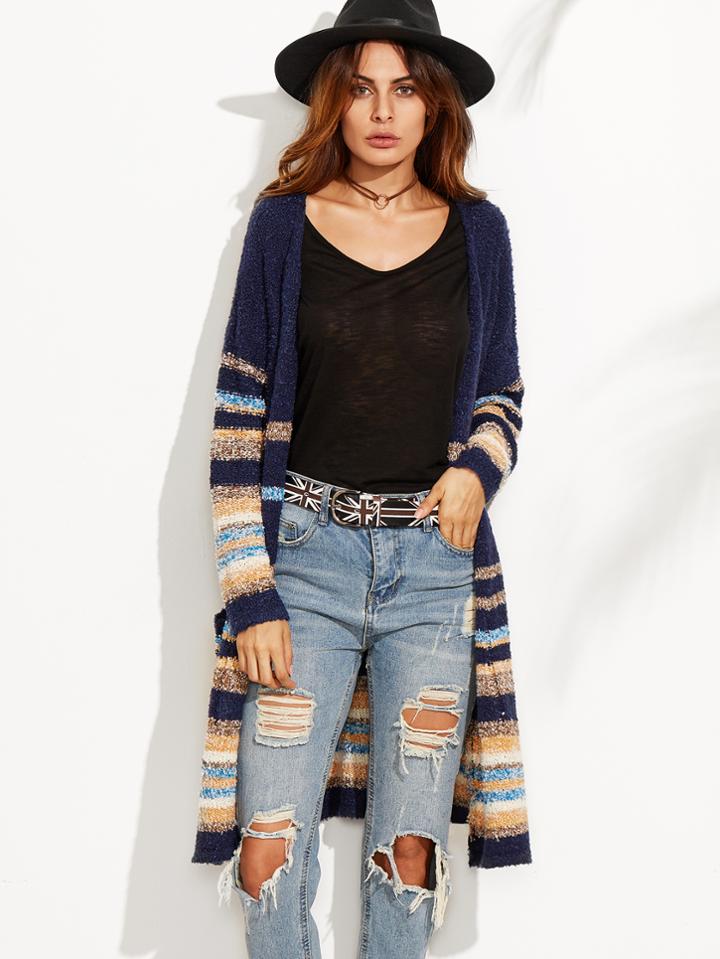 Shein Striped Open Front Long Cardigan