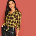 Shein Knot Hem Buttoned Plaid Shirt