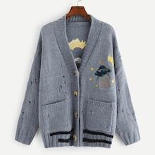Shein Pocket Patched Eyelet Buttoned Knit Coat