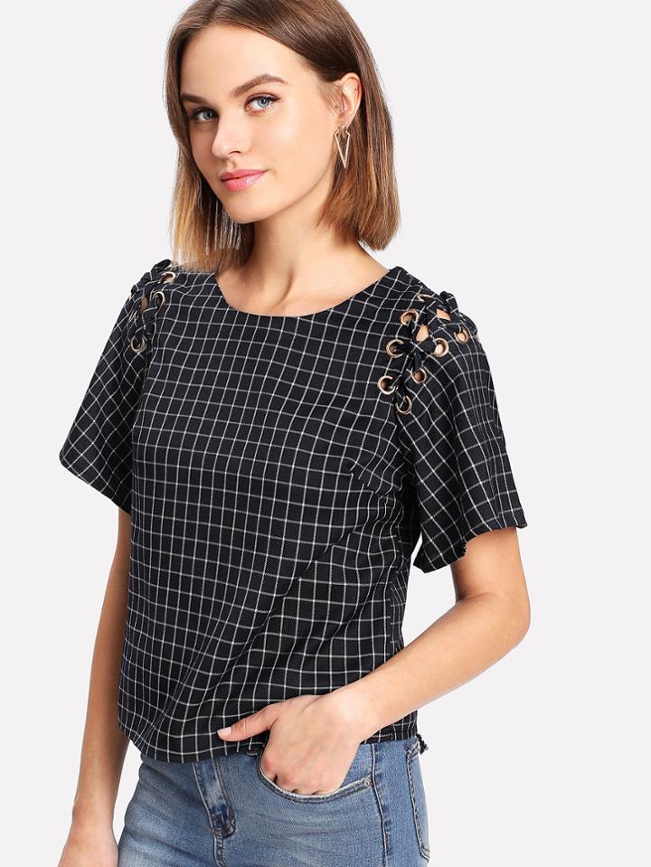 Shein Lace Up Plaid Blouse