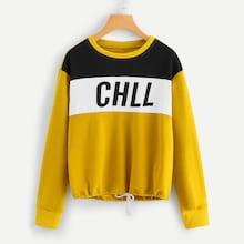 Shein Drawstring Hem Color Block Letter Sweatshirt