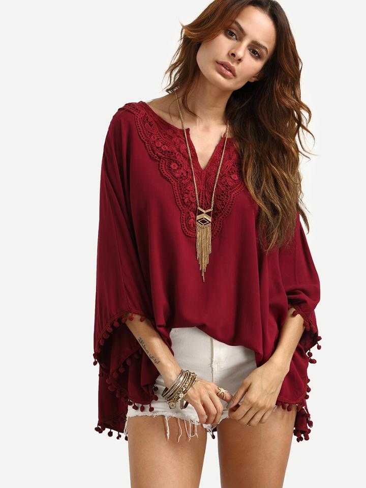 Shein Burgundy V Neck Lace Insert Pom Pom Loose Shirt