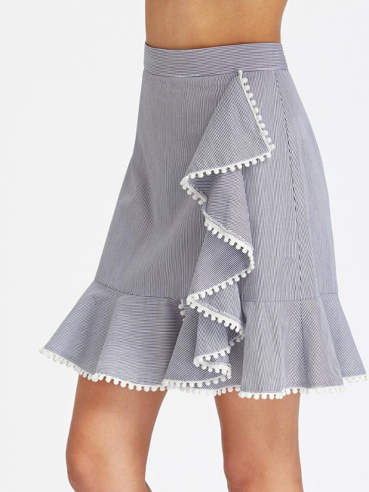 Shein Dot Crochet Trim Striped Asymmetric Ruffle Skirt