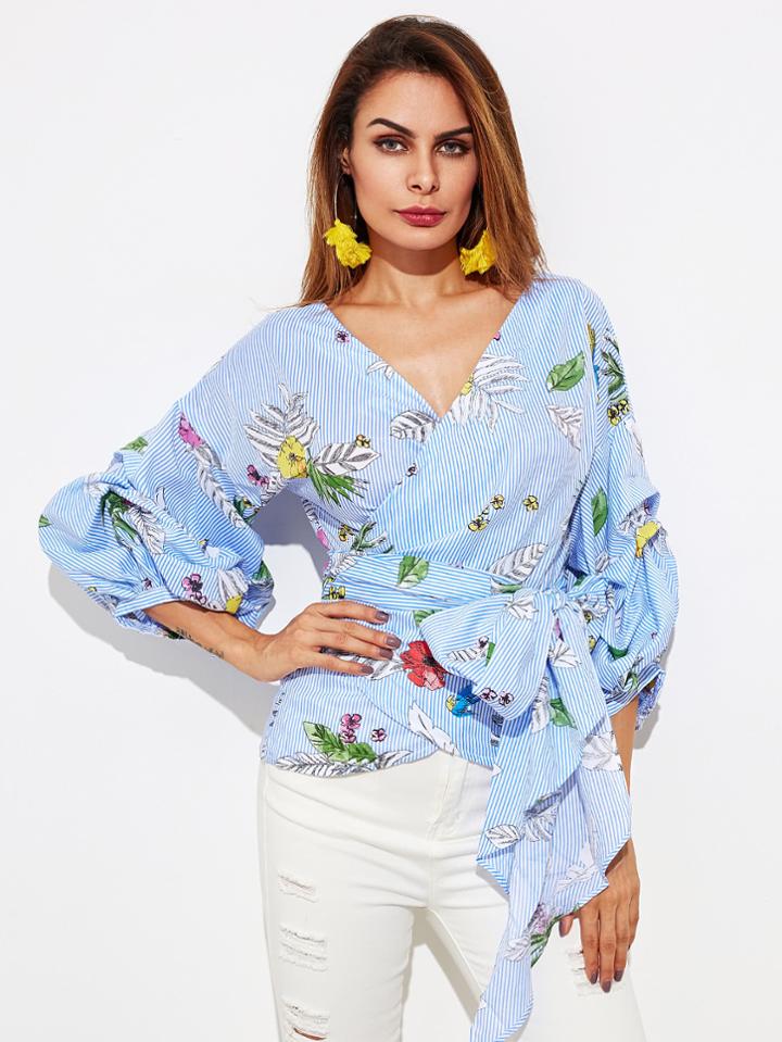 Shein Gathered Sleeve Mixed Print Surplice Wrap Top
