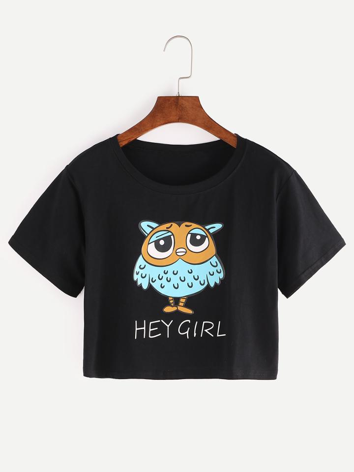 Shein Owl Print Crop T-shirt - Black