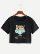 Shein Owl Print Crop T-shirt - Black