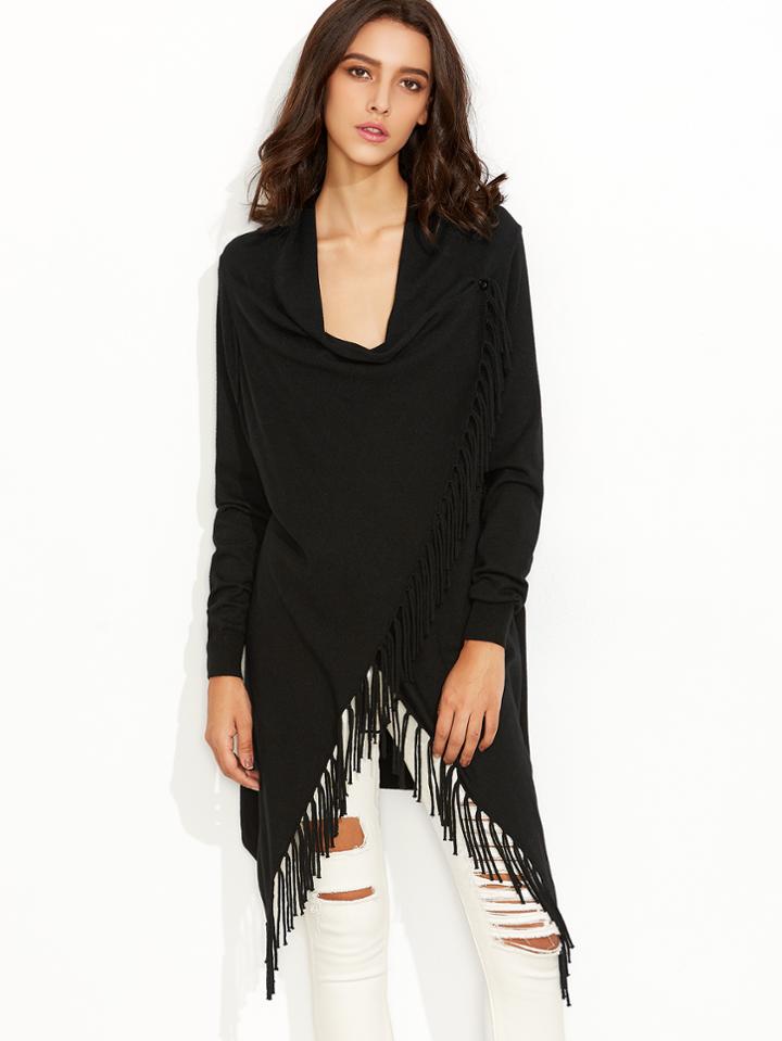Shein Black Fringe Trim Drape Collar Wrap Sweater Coat