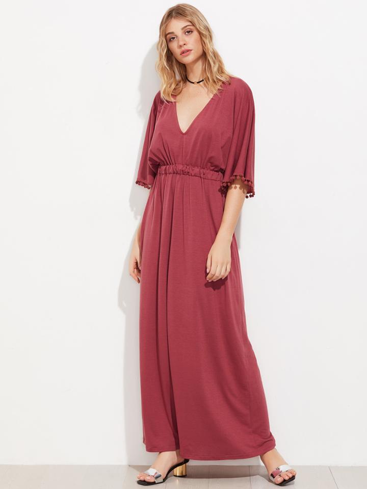 Shein Plunge Tie Back Pom Pom Trim Kaftan Dress