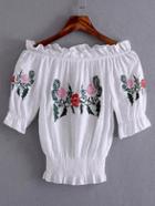 Shein White Off The Shoulder Embroidered Blouse