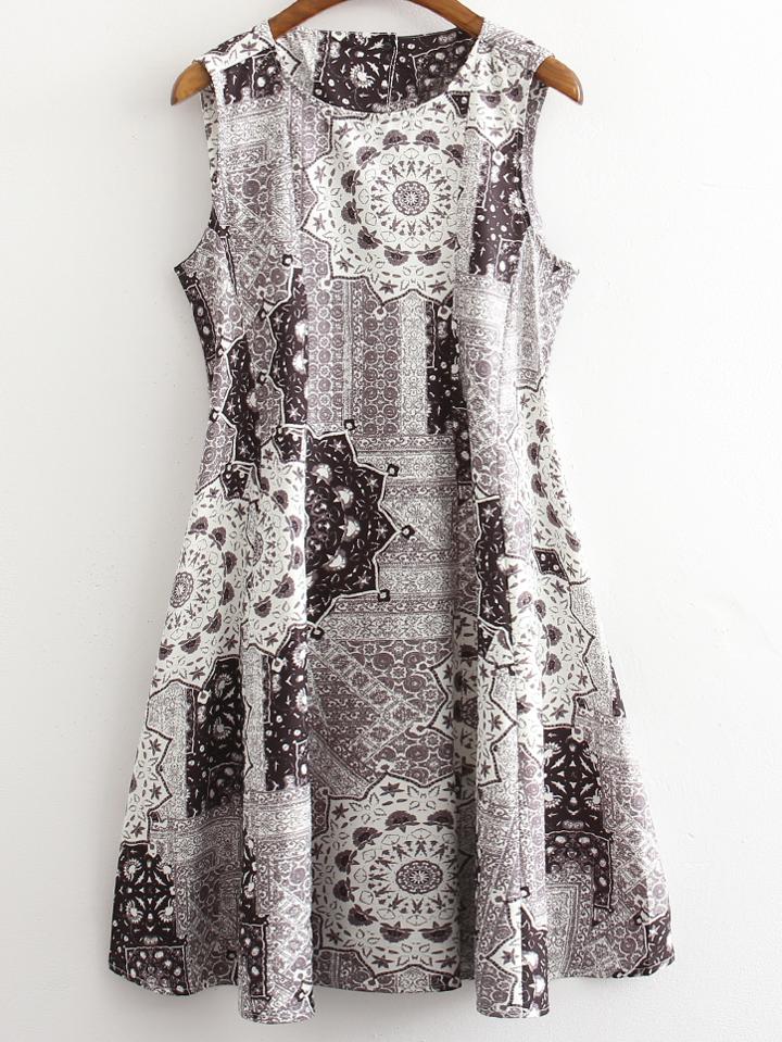 Shein Grey Sleeveless Buttons Back Vintage Print Dress