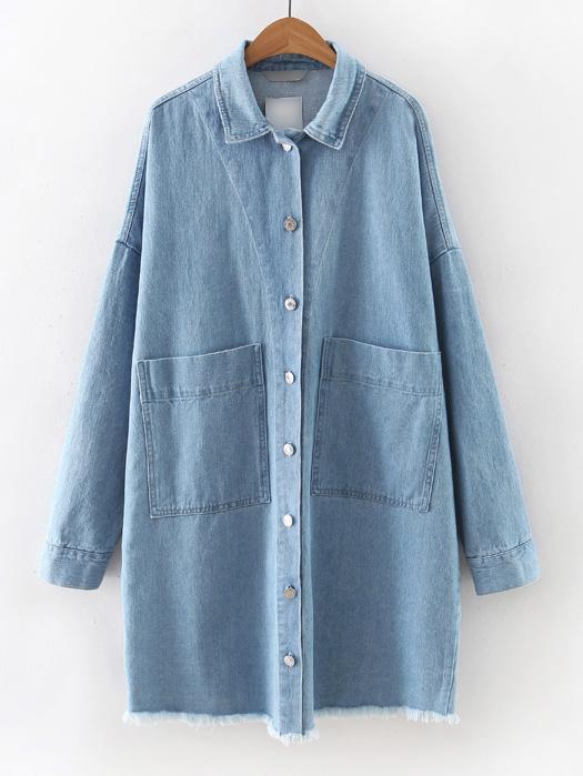 Shein Blue Pockets Raw-edge Hem Shirt Dress