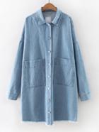 Shein Blue Pockets Raw-edge Hem Shirt Dress