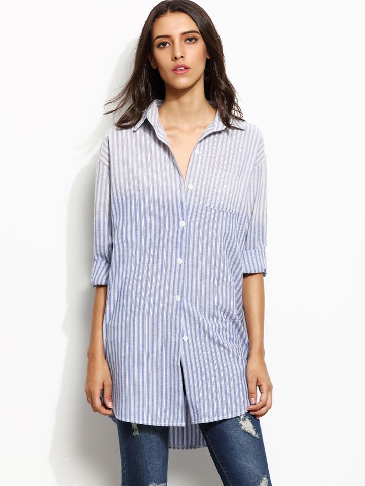 Shein Ombre Vertical Striped Pocket High Low Shirt