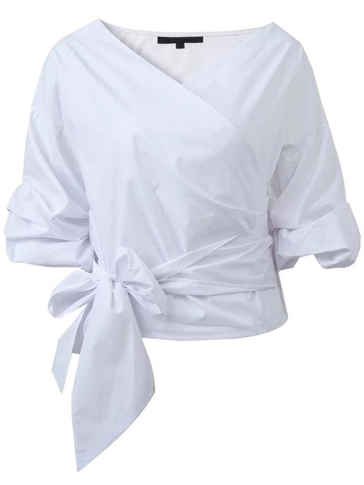 Shein White Wrap V Neck Blouse With Bow Tie