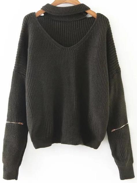 Shein Dark Green Choker V Neck Zipper Sleeve Sweater