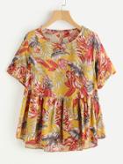 Shein Allover Tropical Print Keyhole Back Smock Blouse