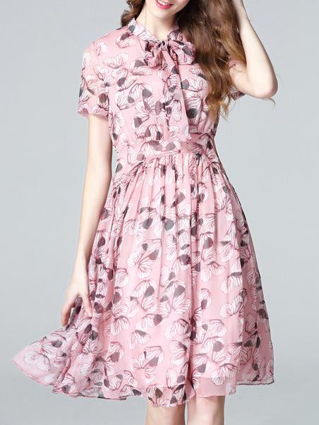 Shein Pink Tie Neck Print A-line Dress