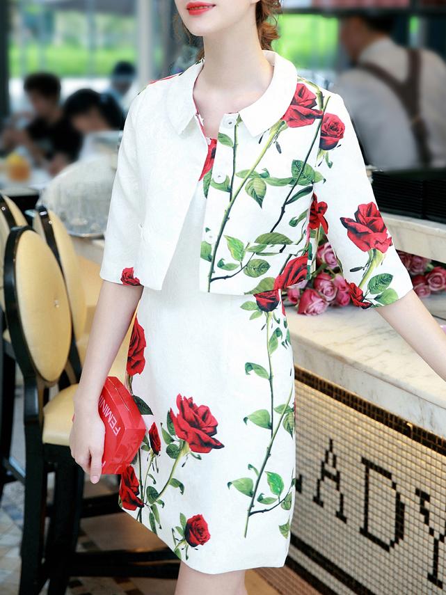 Shein White Half Sleeve Two Pieces Rose Print Dress